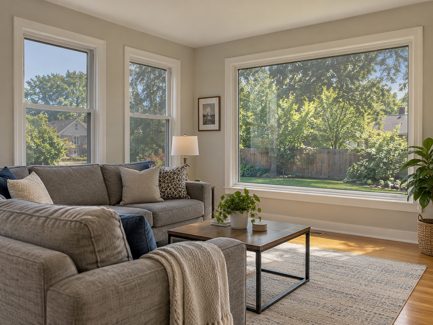 Light-filled living room with large windows