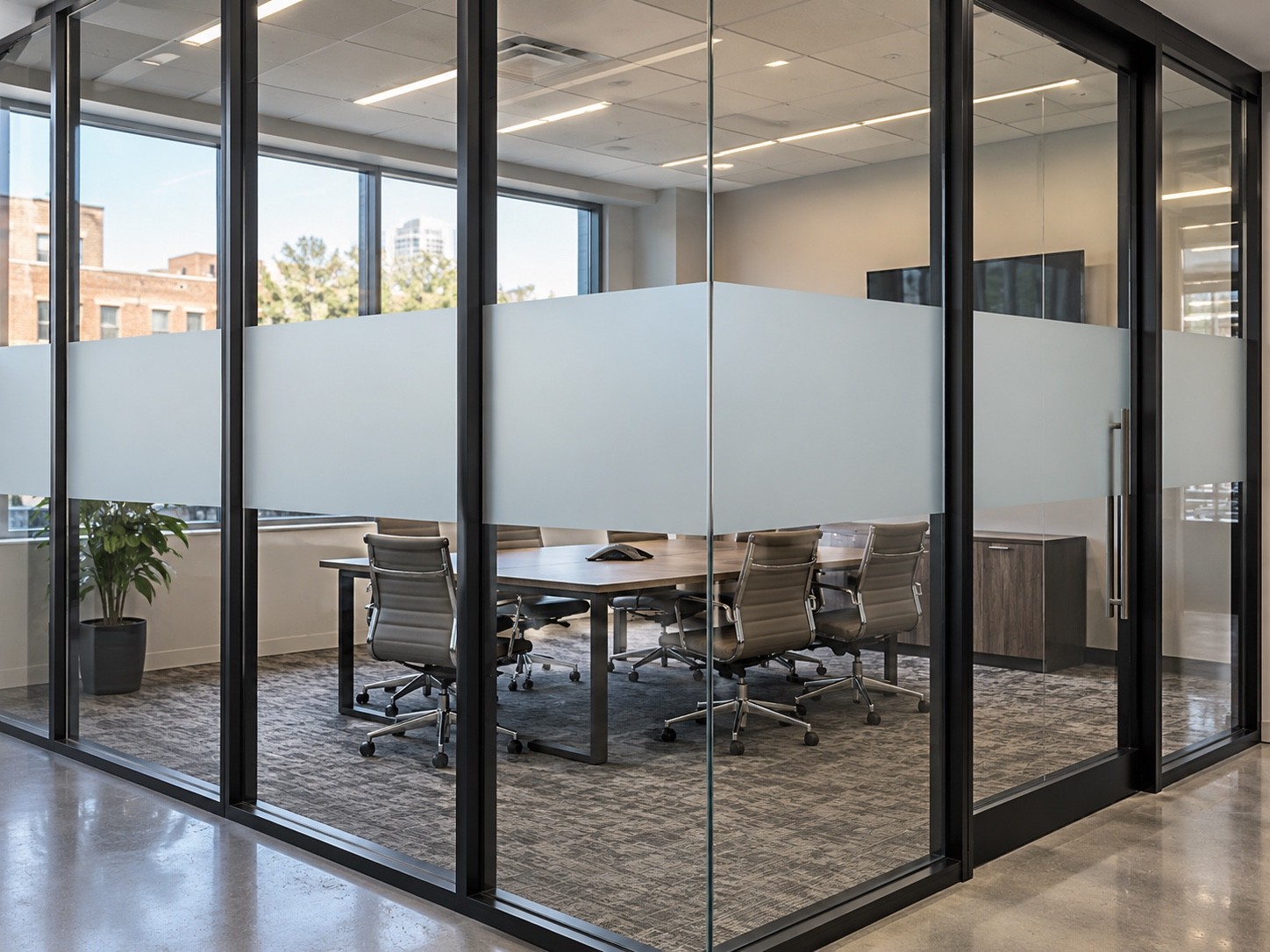 Frosted glass provides privacy in a contemporary meeting room