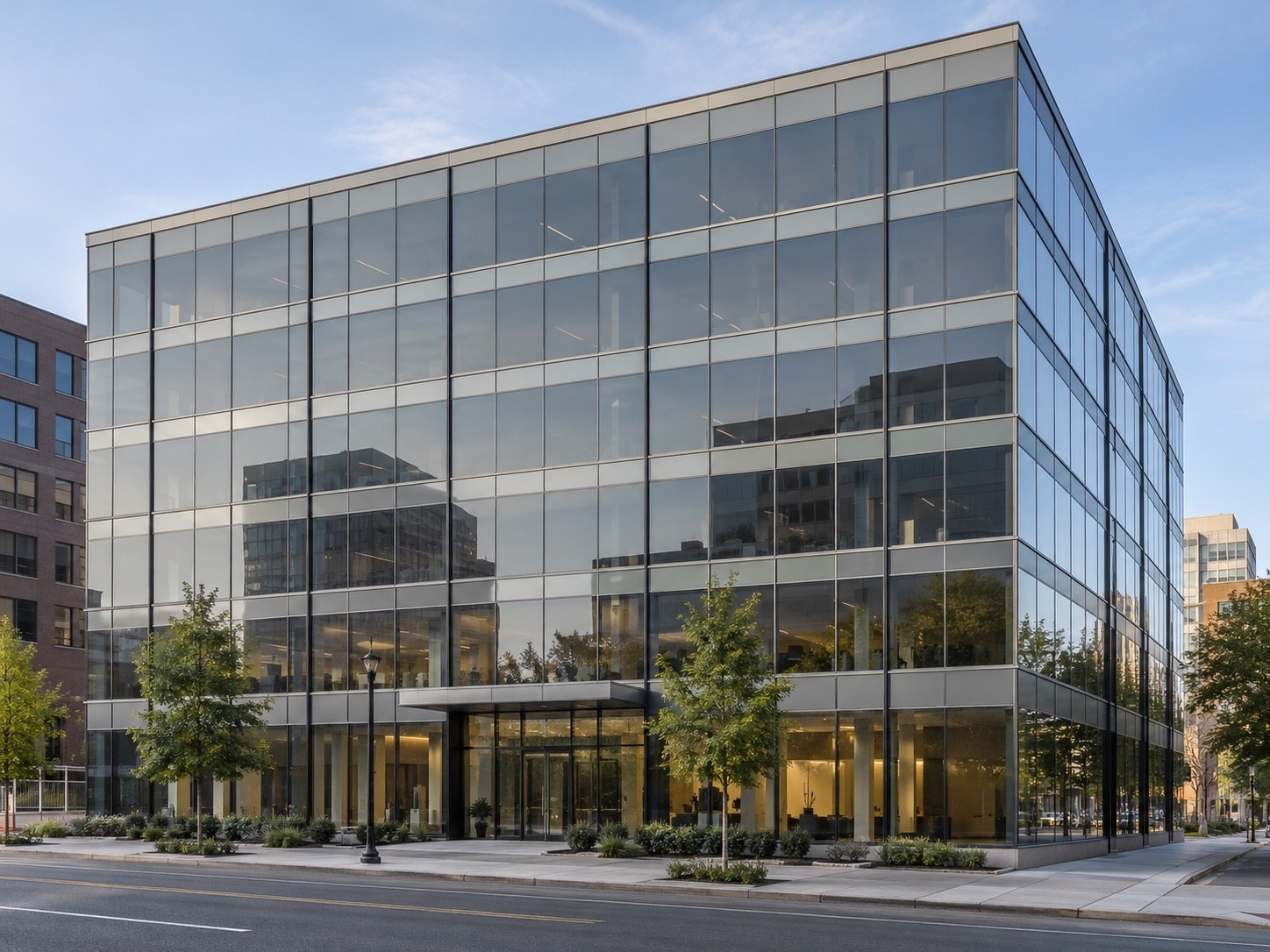 Modern commercial office building with expansive glass